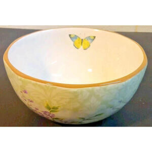 Pier 1 Botanical Garden Earthenware Soup Cereal Bowl Floral Light Green Tan Trim